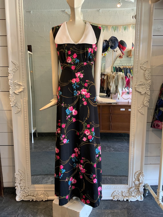 1970s Black Floral Maxi Dress | Sz Large - Etsy