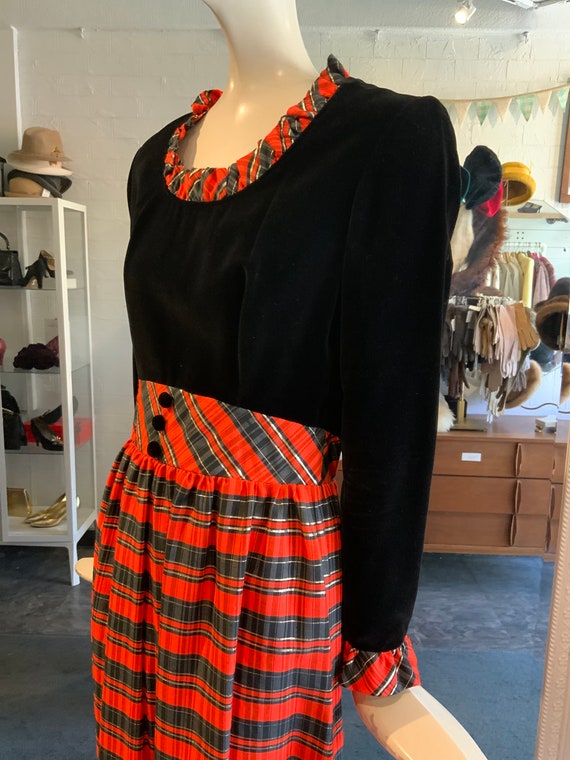 1970s velvet, tartan maxi dress, black and orange… - image 3