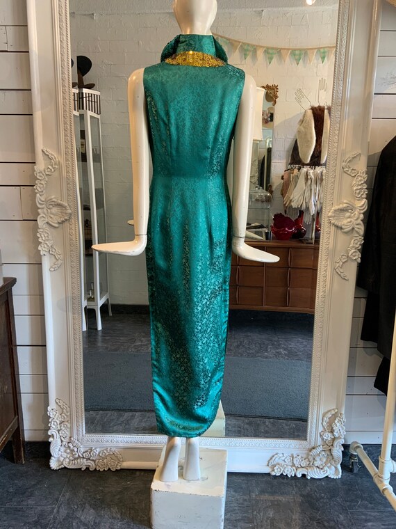 1960s SILK emerald & gold cheongsam Sz XS-S - image 6