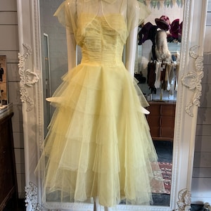 1950s yellow prom dress, tulle party dress | Size Extra Small