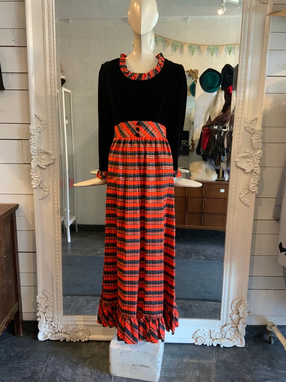1970s velvet, tartan maxi dress, black and orange… - image 1