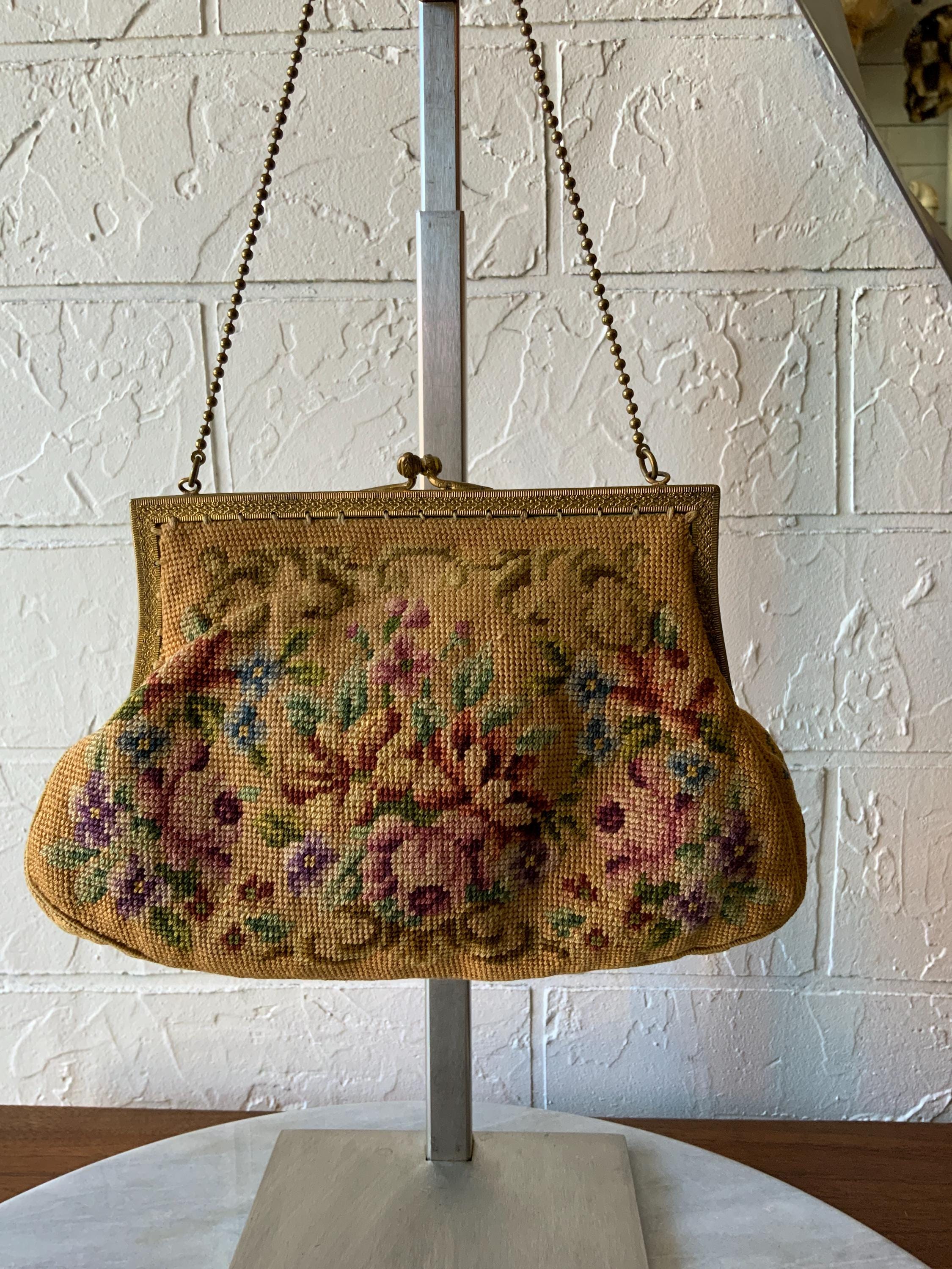 アンティーク プチポワン 刺繍花柄イブニングバッグ - Etsy 日本