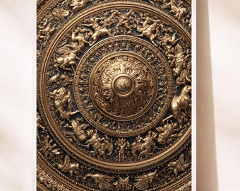 Shield of Achilles Art Print, Intricate Gold Mythology Poster, Ancient Greek Warrior Wall Decor, Iliad Legend Historical Glossy Print