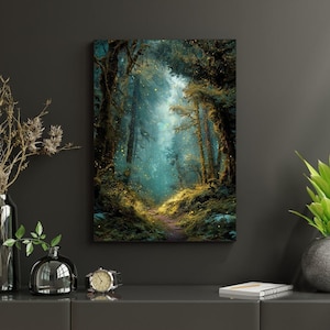 May include: A canvas print depicting a mystical forest scene. The artwork features a path leading into a luminous, teal-colored clearing, surrounded by moss-covered trees. Golden light particles add a magical touch to the landscape.