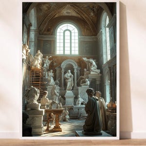 Op de afbeelding: Een ingelijste print met een gedetailleerd interieur van een klassieke kunstgalerij. De afbeelding toont talrijke witte sculpturen, een hoog boogvenster en een gedetailleerd plafond. Het kleurenpalet wordt gedomineerd door neutrale tinten met highlights van goud en bruin.