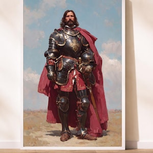 May include: A framed print of a medieval knight in full armor, holding a helmet and sword. The knight wears black and gold armor, a red cape, and stands against a backdrop of a blue sky and a field. The artwork is a painting.