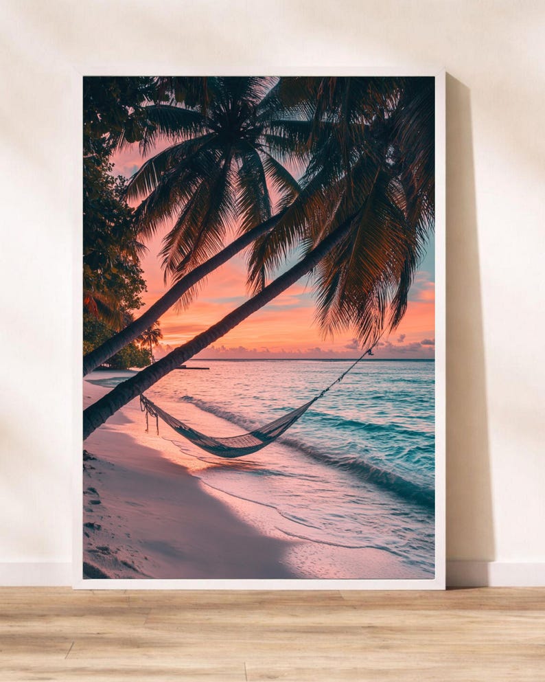 Lean Image Without Background Tropical Beach Sunset Glossy Poster - Palm Tree Hammock Wall Art ...