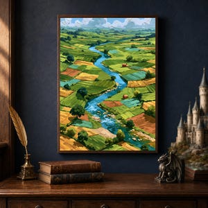 May include: A framed landscape painting depicting a winding blue river flowing through a patchwork of green and golden fields under a cloudy sky. The artwork features small red structures nestled within the rolling countryside terrain.