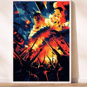 May include: An artistic print depicting a battle scene with a fortress under siege. The artwork features a vibrant color palette of red, orange, and blue, with silhouetted figures holding spears. The image is framed in a white border.