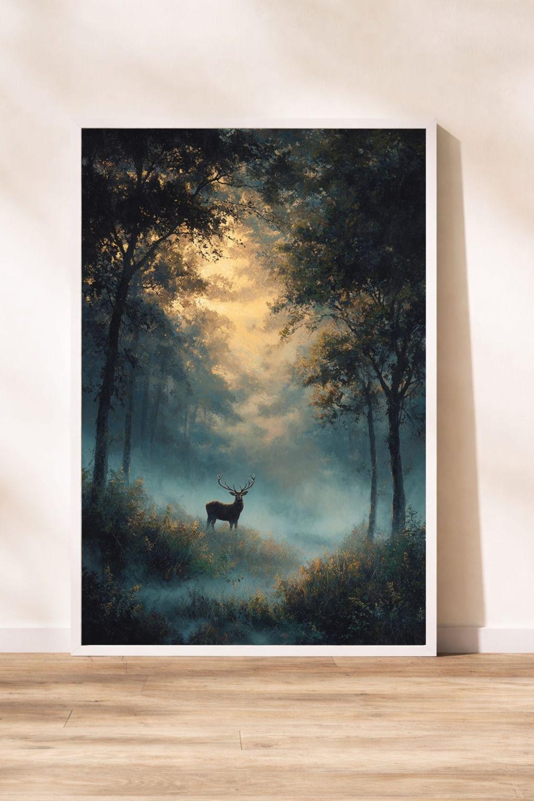 Forest Stag Art Print | Misty Woodland Deer Painting | Wildlife Wall ...