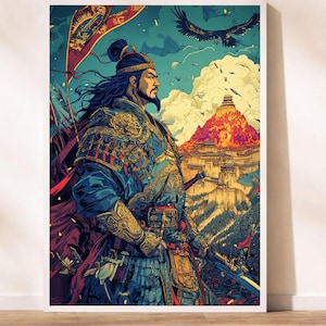 Genghis Khan Mongol Empire Art Print - Epic Warrior Conqueror Poster - Historical Military Wall Decor - Glossy Mongolian Leader Gift