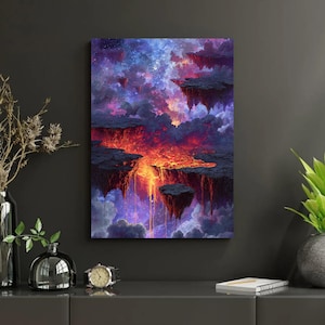 May include: A vertical canvas print depicting a fantasy landscape. Floating islands with dark, rocky surfaces are set against a backdrop of swirling, colorful clouds. The clouds transition from purple and blue to fiery orange and red.