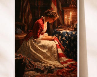 Betsy Ross Näht die erste amerikanische Flagge Glanzdruck - Vaterttische Wandkunst - Revolutionäre Kriegsgeschichte Poster - Vintage 1776 Americana Decor