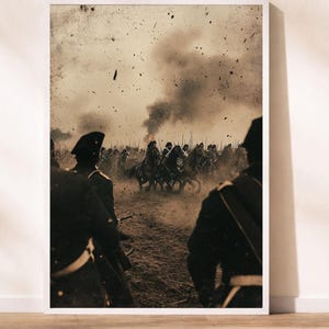May include: Sepia-toned framed print depicting a historical battle scene. Soldiers on horseback charge through a cloud of smoke and dust, with infantry in the foreground. The artwork evokes a sense of conflict and historical drama.