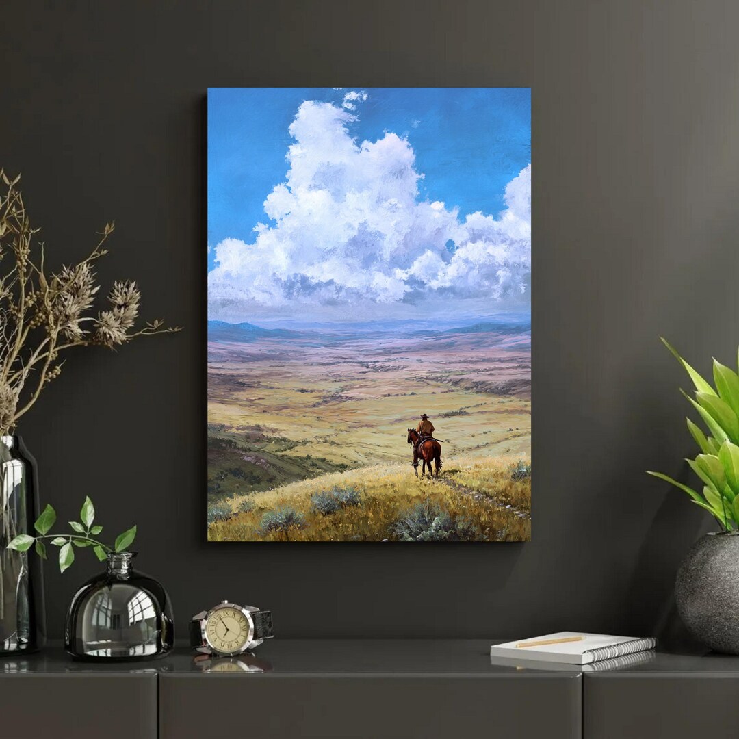 Lone Cowboy Wild West Wall Art, Horse Rider Landscape Gloss Print ...