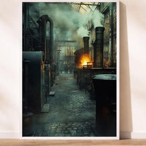 May include: A vintage art print showing a factory interior with dark machinery, brick walls, and billowing smoke. A warm glow comes from a furnace, and figures are visible in the distance. The image evokes a sense of a bygone industrial era.