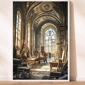 May include: An artistic print depicting a grand, sunlit workshop with high arched ceilings and large windows. Figures are seen working at tables, surrounded by art supplies and sculptures. The color palette is dominated by warm browns and golds.