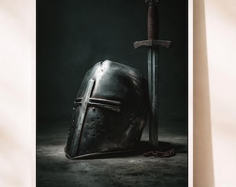 Crusader Knight Templar Helmet and Sword Wall Art Medieval Warrior Armor Poster Gloss Print Dark Gothic Decor History Gift for Him