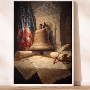 May include: A framed print depicting the Liberty Bell, an American flag, and historical documents. The bell is bronze, and the documents appear aged. A quill pen rests on the documents, adding to the historical theme.