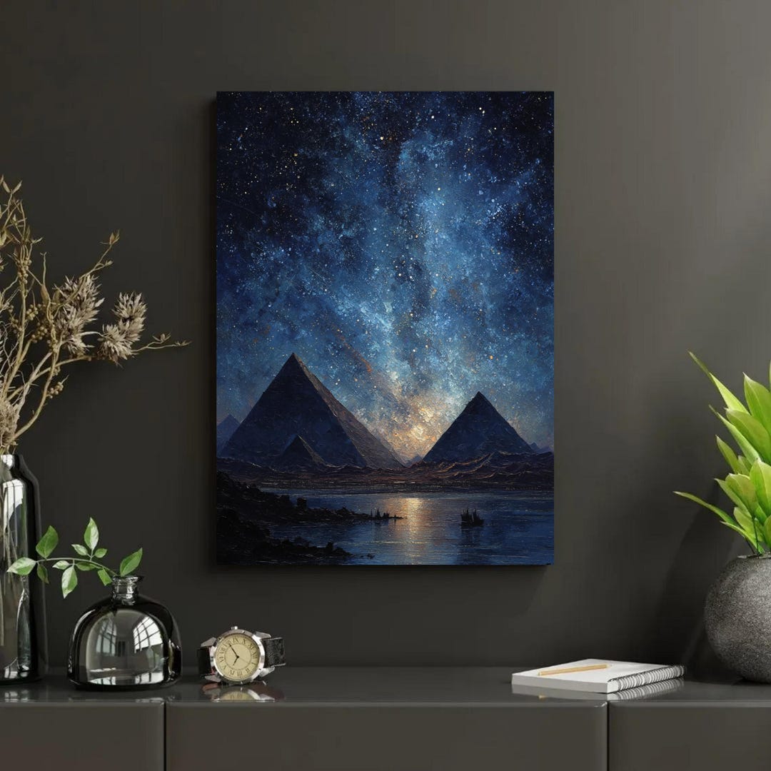 Pyramids of Giza Starry Night Wall Art, Ancient Egypt Milky Way Poster ...