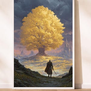 May include: Art print featuring a golden tree with a large canopy, set against a dramatic sky. A figure in armor stands in the foreground, holding a sword, with a distant city visible. The artwork has a fantasy theme.