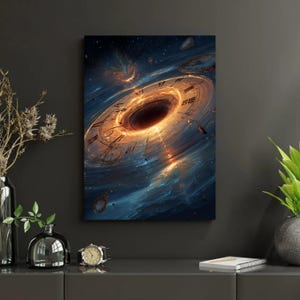 May include: A canvas print depicting a cosmic scene with a black hole at the center, surrounded by clock faces and swirling blue and orange nebulas. The artwork evokes themes of time and space.