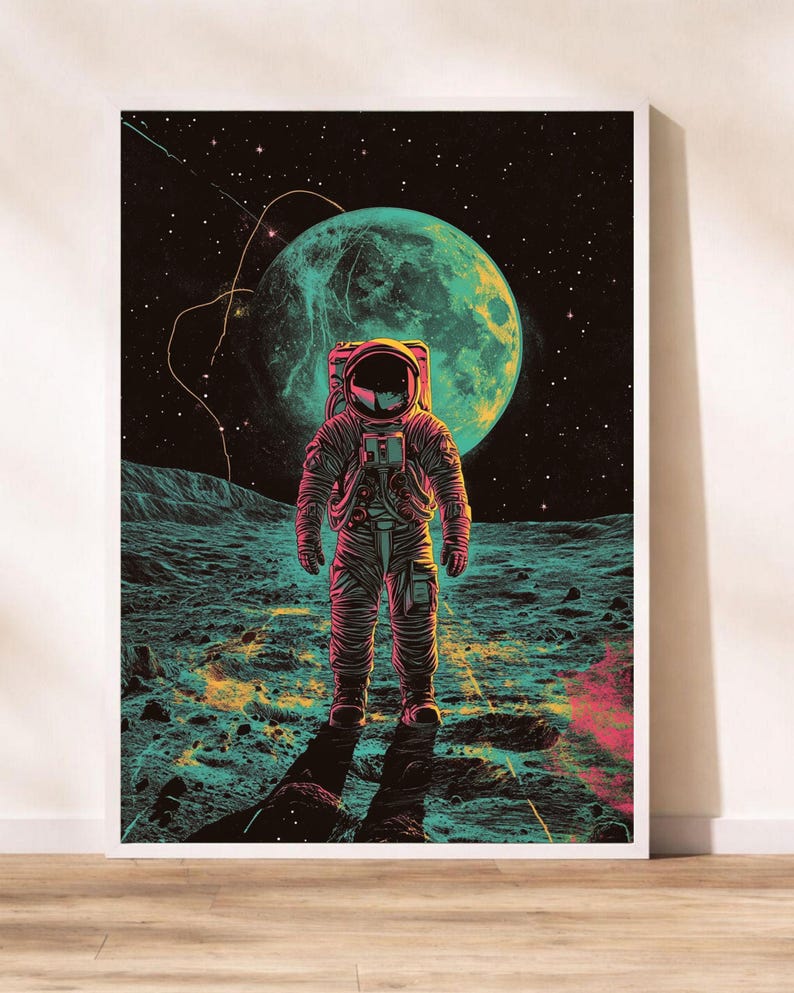 Apollo 11 Moon Landing Art Print, 1969 Astronaut Space Poster, Neon Sci ...