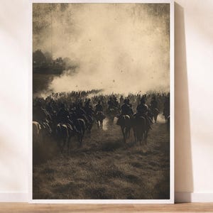 May include: Sepia-toned print of a historical battle scene. A large group of soldiers on horseback charge across a field, with smoke and dust obscuring the background. The print is framed in a white border.
