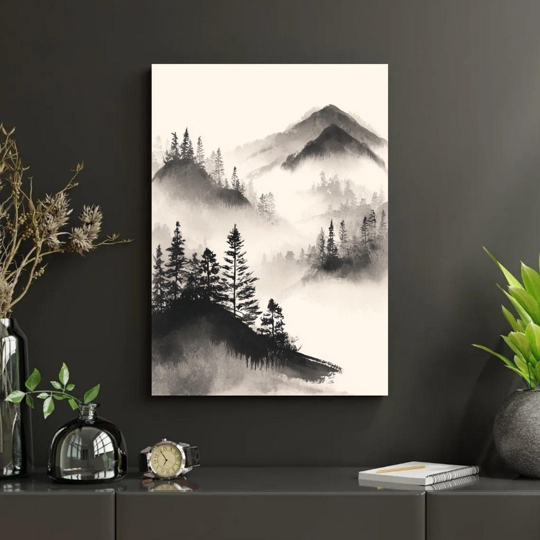 Minimalist Japanese Sumi-e Mountain Landscape Wall Art, Ink Wash Foggy ...