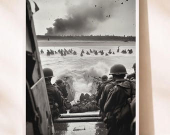 May include: A monochrome photograph depicting soldiers landing on a beach from a craft. The image shows the soldiers wading through the water, with smoke rising in the distance, conveying the intensity of a wartime scene.