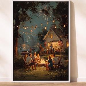 May include: An oil painting shows a nighttime outdoor gathering. A bonfire is surrounded by people, with a house in the background decorated with American flags. Fireworks burst in the sky, and fairy lights illuminate the scene.