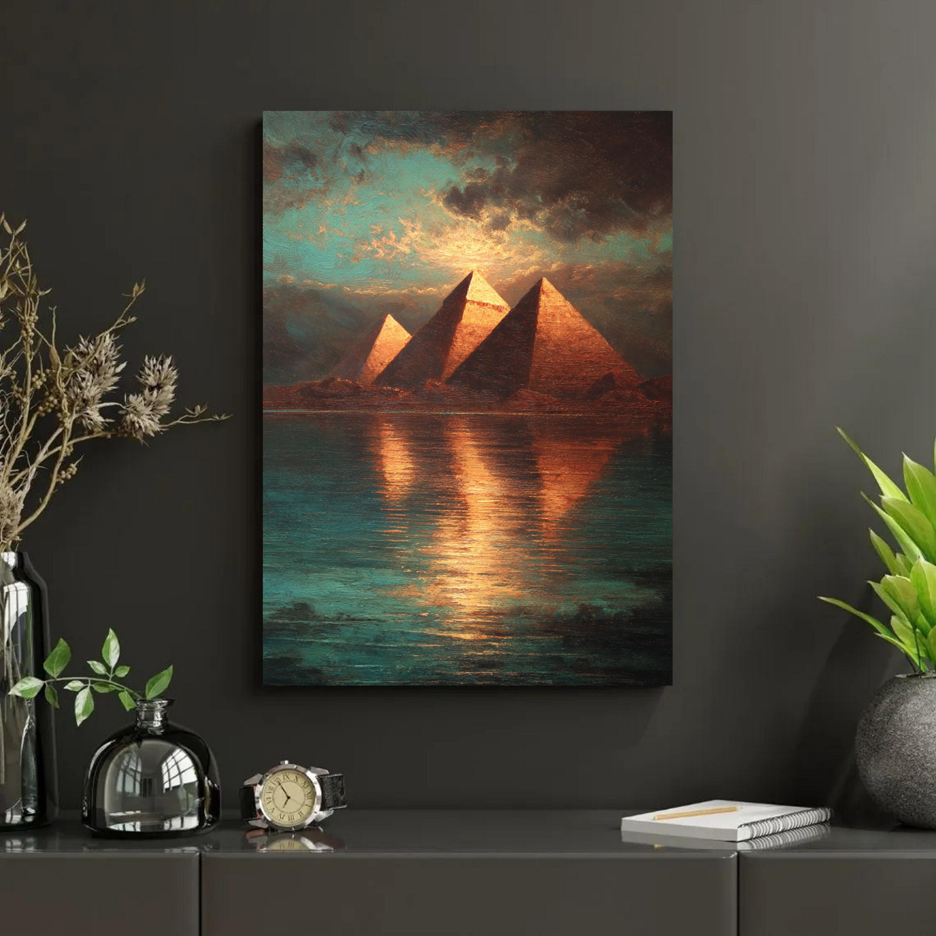 Pyramids of Giza Oil Painting Wall Art, Ancient Egypt Night Poster ...