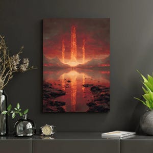 Op de afbeelding: Een canvas print met een surrealistisch landschap met een vurige rode lucht en drie torenhoge, gloeiende structuren die weerspiegeld worden in een kalm water. Het kunstwerk toont een dramatische, mysterieuze scène.