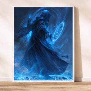 Könnte beinhalten: Gerahmter Druck mit einer Kapuzenfigur in einem Gewand, umgeben von wirbelnder blauer Energie. Das Kunstwerk zeigt leuchtende Symbole und eine dynamische Pose, wodurch ein Fantasy-Thema entsteht.