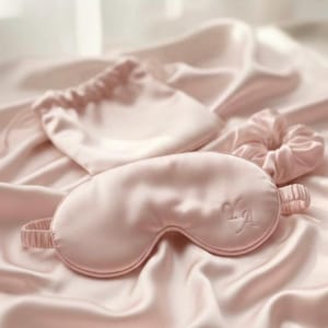 Könnte beinhalten: Ein hellrosa Satin-Schlafmasken-Set mit gestickten Initialen, einem passenden Kordelzugbeutel und einem Scrunchie. Das Set wird auf einem Bett aus weichem, fließendem Stoff präsentiert. Die Artikel sind zartrosa.