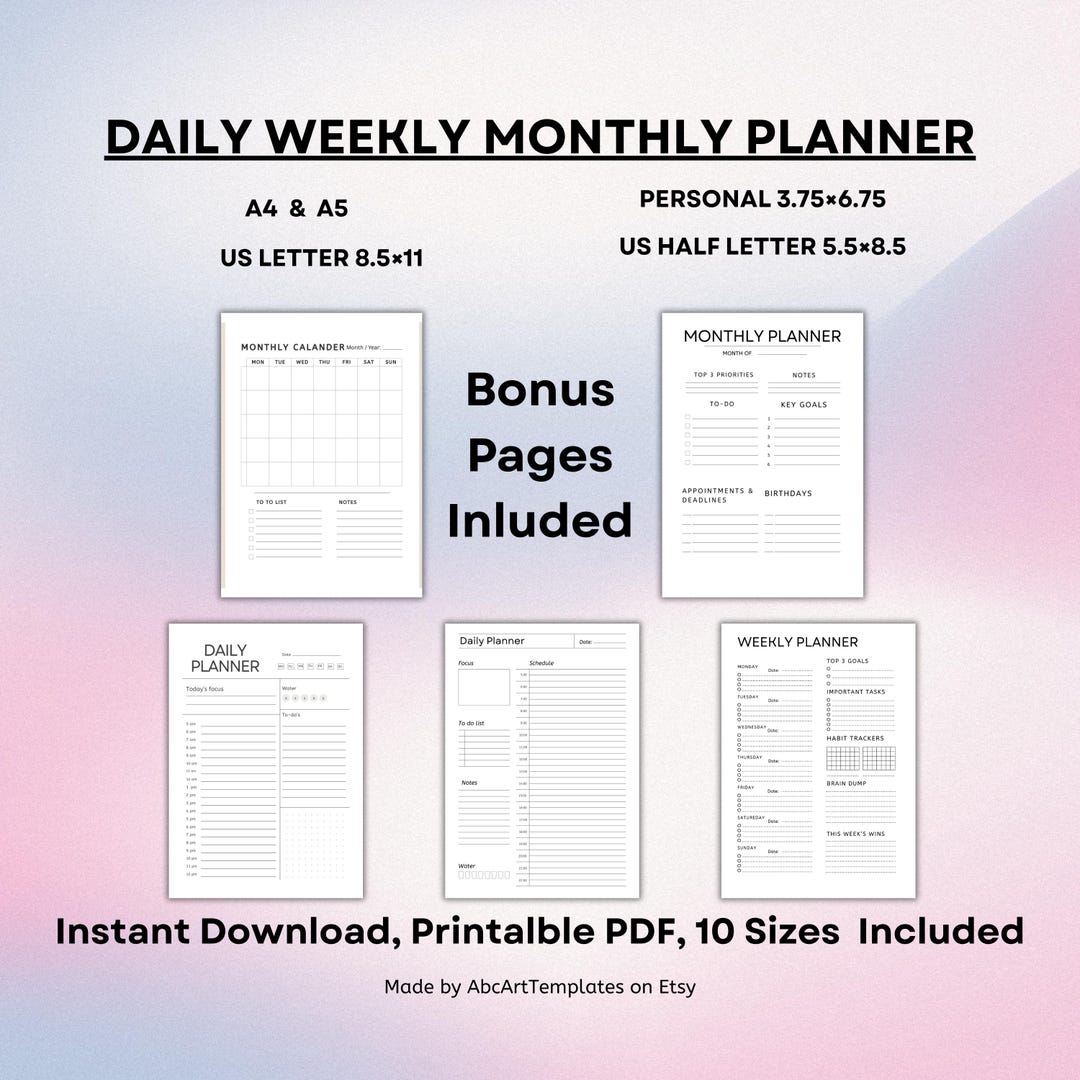 Daily Weekly Monthly Printable Planner: A4, A5, US Letter, US Half ...