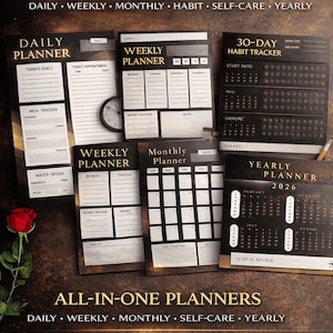 May include: A digital planner for 2026 with daily, weekly, monthly, habit, self-care, and yearly sections. The design features a dark background with gold text and a variety of planning pages, including a 30-day habit tracker.