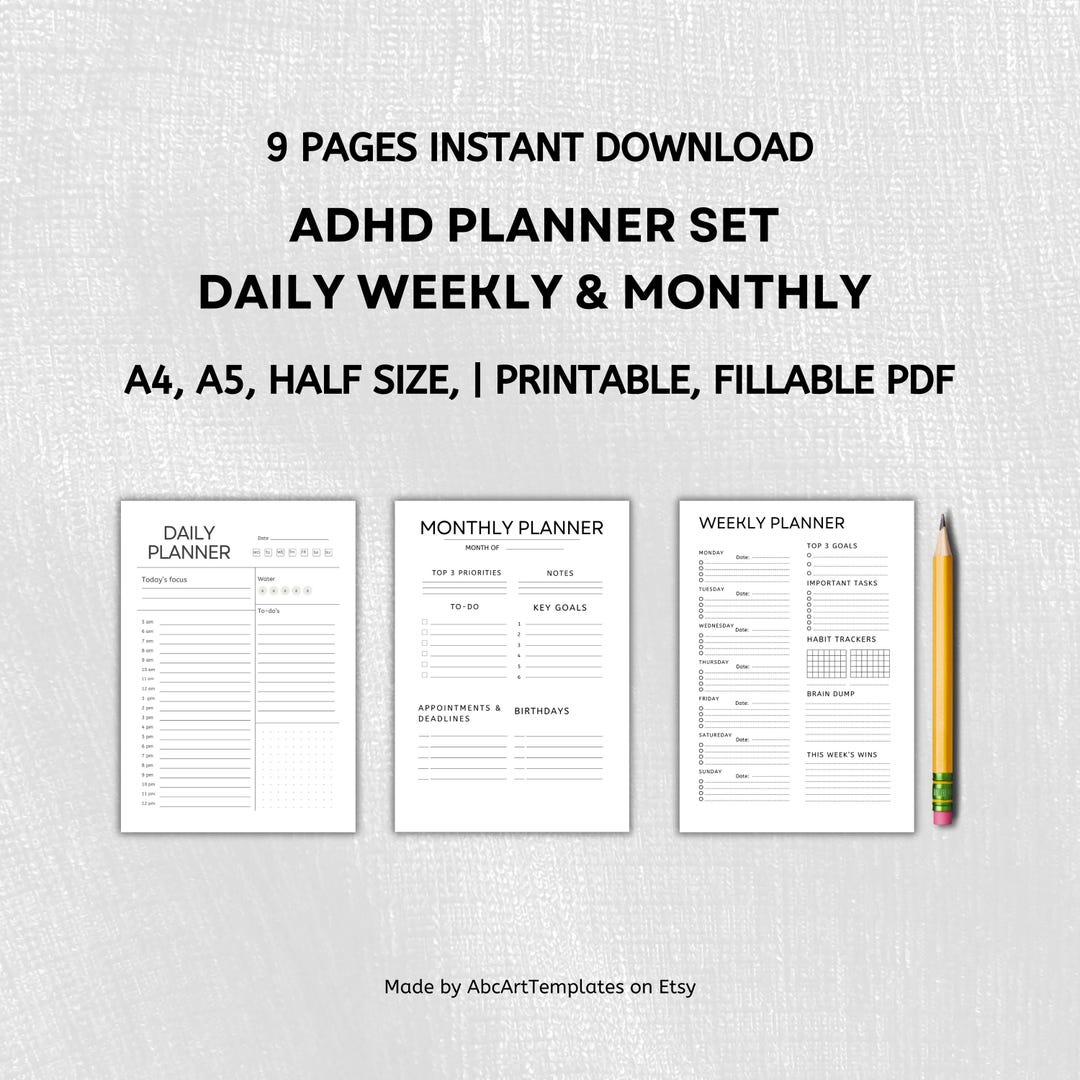 ADHD Planner Printable Set – Daily Weekly Monthly A4/a5/letter/half ...