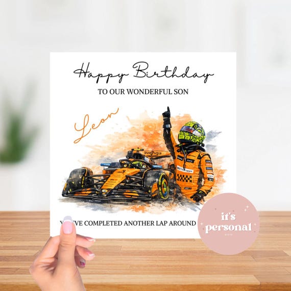 Personalised Lando Norris Birthday Card – Formula 1 Fan Card – McLaren F1 Inspired Card  – Luxury 6x6” Hammered 300gsm Card