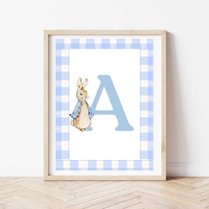 May include: A framed print featuring a watercolor illustration of a bunny wearing a blue jacket next to a large blue letter "A". The background has a blue and white checkered pattern, and the frame is light brown.