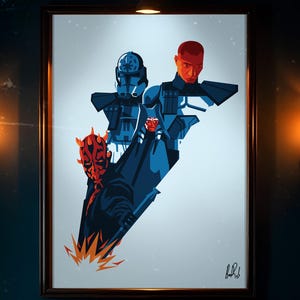 Pode incluir: Impressão de arte emoldurada com ilustrações estilizadas de personagens de Star Wars. A obra apresenta Darth Maul, um clone trooper e outras figuras em tons de vermelho e azul sobre um fundo azul claro. A impressão está emoldurada em uma moldura marrom escuro.