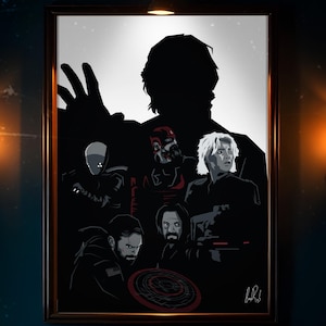 May include: Framed art print featuring a stylized illustration of several figures in black and red, with a large silhouette in the background. The artwork has a dark, dramatic aesthetic, with a focus on character design and composition.