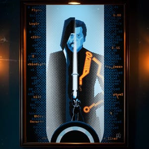 May include: Framed art print with a stylized illustration of a figure holding a glowing saber. The artwork uses a blue, black, and orange colour scheme with binary code elements and the text "Flynn" and "Lines".