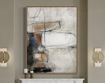 Vertical Textured Abstract Painting, Neutral Mixed Media Wall Art, Contemporary Wabi Sabi Canvas, Framed Modern Artwork