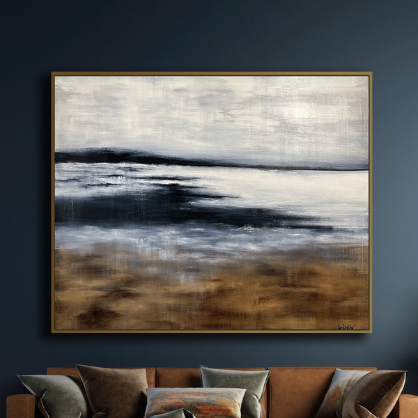 Oversized Indigo Navy Blue Moody Wall Art, Storm Rain Wall Art, Modern Abstract Seascape Landscape, Moody Painting, Blue and Gold
