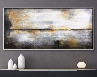 Extra Large Modern Abstract Art, Original Abstract Painting, Textured Canvas Art, Long Horizontal Wall Art, Ready to Hang, Gray and Amber