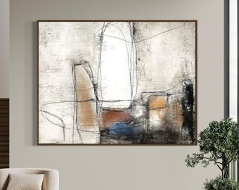 Grande tela astratta orizzontale con texture, opera d'arte murale neutra a tecnica mista, opera d'arte contemporanea Wabi Sabi, tela arrotolata di grandi dimensioni