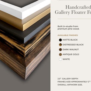May include: A selection of handcrafted gallery floater frames in finishes such as white, antique gold, dark walnut, distressed black, and matte black. The frames are made from premium pine wood and have a 6.35 cm gallery depth.