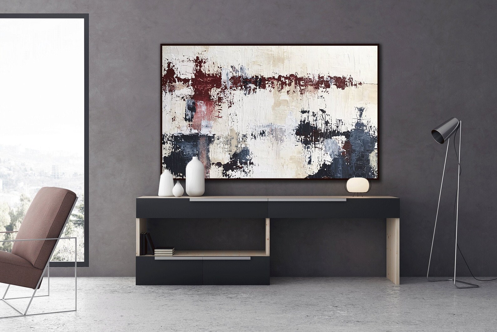 Large Original Maroon and Navy Blue Wall Art Red and Blue Etsy