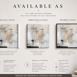 May include: An advertisement showcasing artwork options: rolled, stretched, and framed canvases. The abstract art features beige, white, and black tones. Text includes "Available As" and "Timeless Art, Meaningful Materials, Made by Hand."
